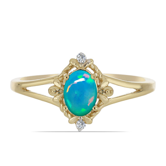 Anillo de Plata Bañada en Oro con Ópalo Azul de Lega Dembi de Etiopía y Zircón Blanco