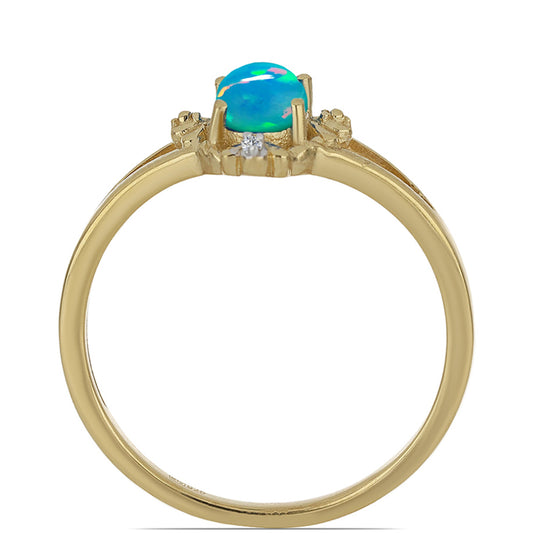 Anillo de Plata Bañada en Oro con Ópalo Azul de Lega Dembi de Etiopía y Zircón Blanco