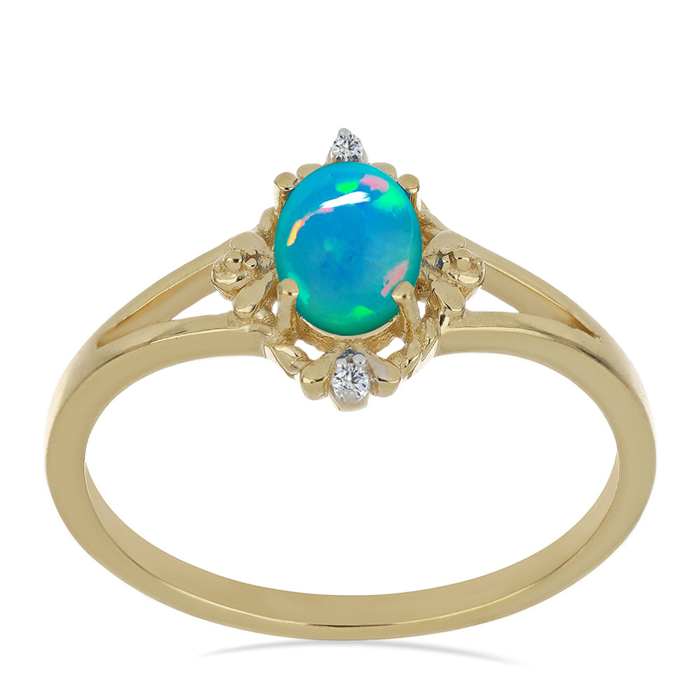 Anillo de Plata Bañada en Oro con Ópalo Azul de Lega Dembi de Etiopía y Zircón Blanco