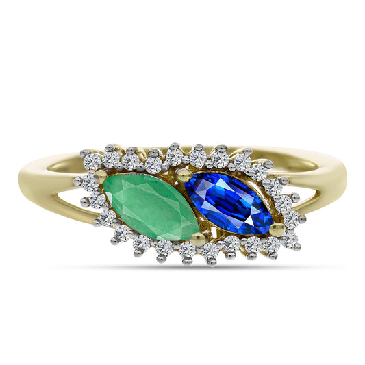 Anillo de Plata Bañada en Oro con Zafiro Azul Australiano y Esmeralda de Brasil