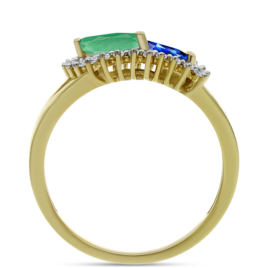 Anillo de Plata Bañada en Oro con Zafiro Azul Australiano y Esmeralda de Brasil