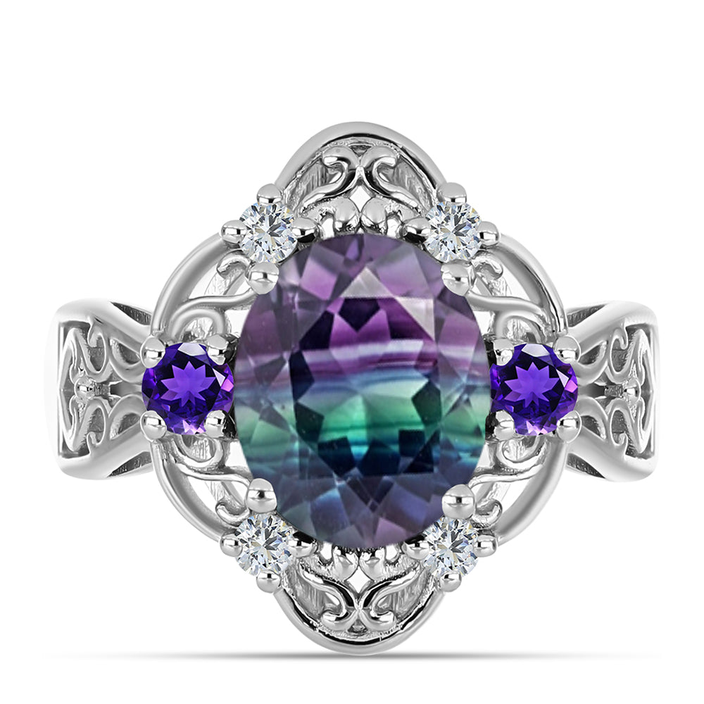 Anillo de Plata con Fluorita cebra y Amatista de Marruecos