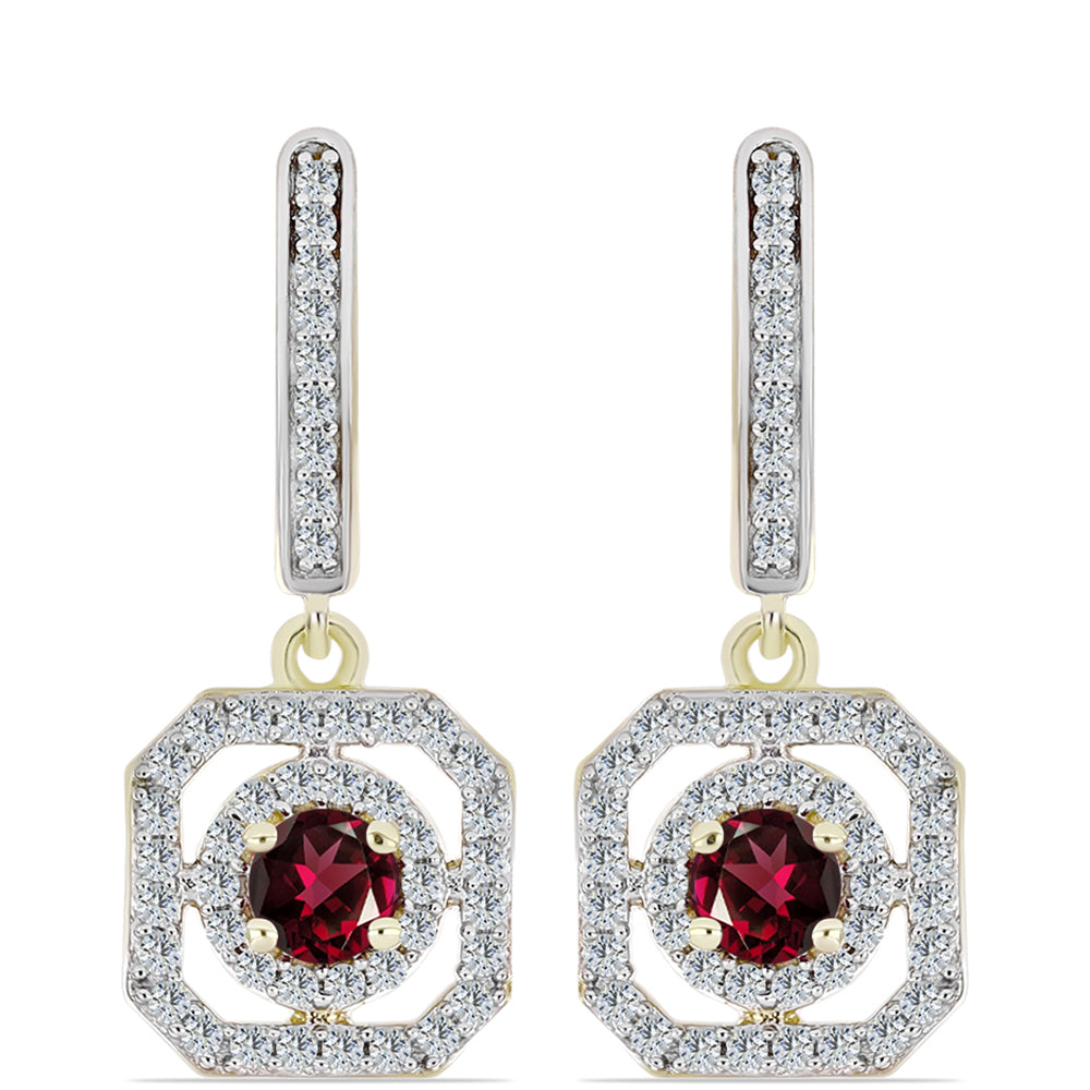 Pendientes de Plata Bañada en Oro con Granate Rodolita y Topacio Blanco 1 