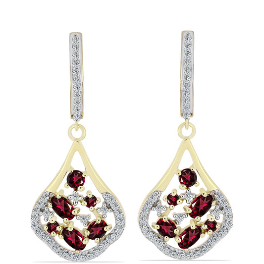 Pendientes de Plata Bañada en Oro con Granate Rodolita y Topacio Blanco