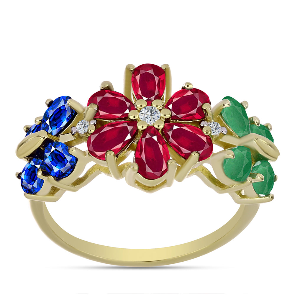 Anillo de Plata Bañada en Oro con Rubí de Madagascar y Zafiro Azul Australiano