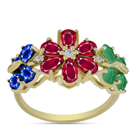 Anillo de Plata Bañada en Oro con Rubí de Madagascar y Zafiro Azul Australiano