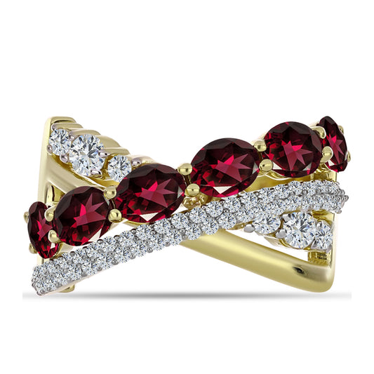 Anillo de Plata Bañada en Oro con Granate Rodolita y Topacio Blanco