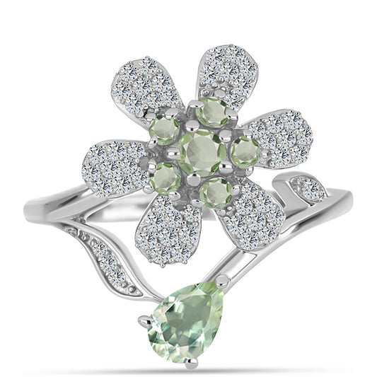 Anillo de Plata con Amatista Verde y Topacio Blanco