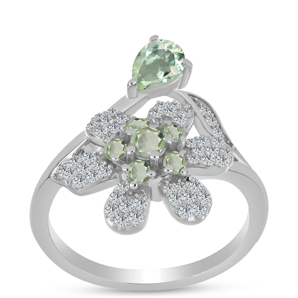 Anillo de Plata con Amatista Verde y Topacio Blanco