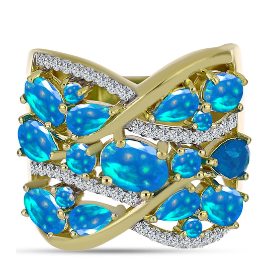 Anillo de Plata Bañada en Oro con Ópalo Paraíso de Etiopia y Topacio Blanco