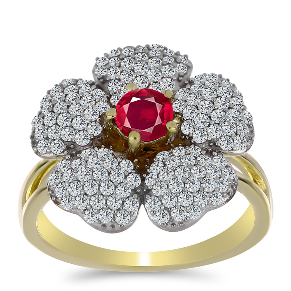 Anillo de Plata Bañada en Oro con Rubí de Madagascar y Topacio Blanco 3 