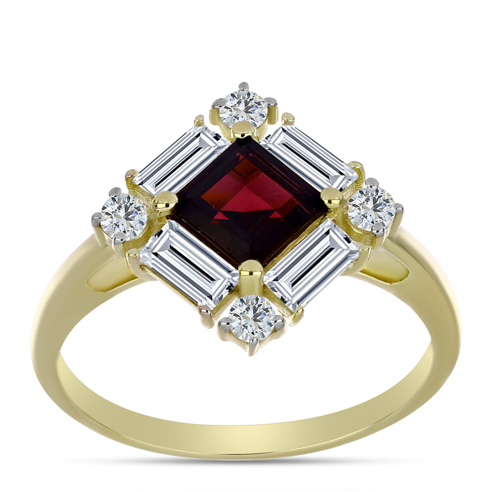 Anillo de Plata Bañada en Oro con Granate Rodolita y Topacio Blanco 3 