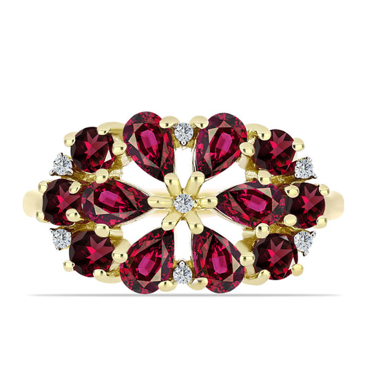 Anillo de Plata Bañada en Oro con Granate Rodolita y Topacio Blanco