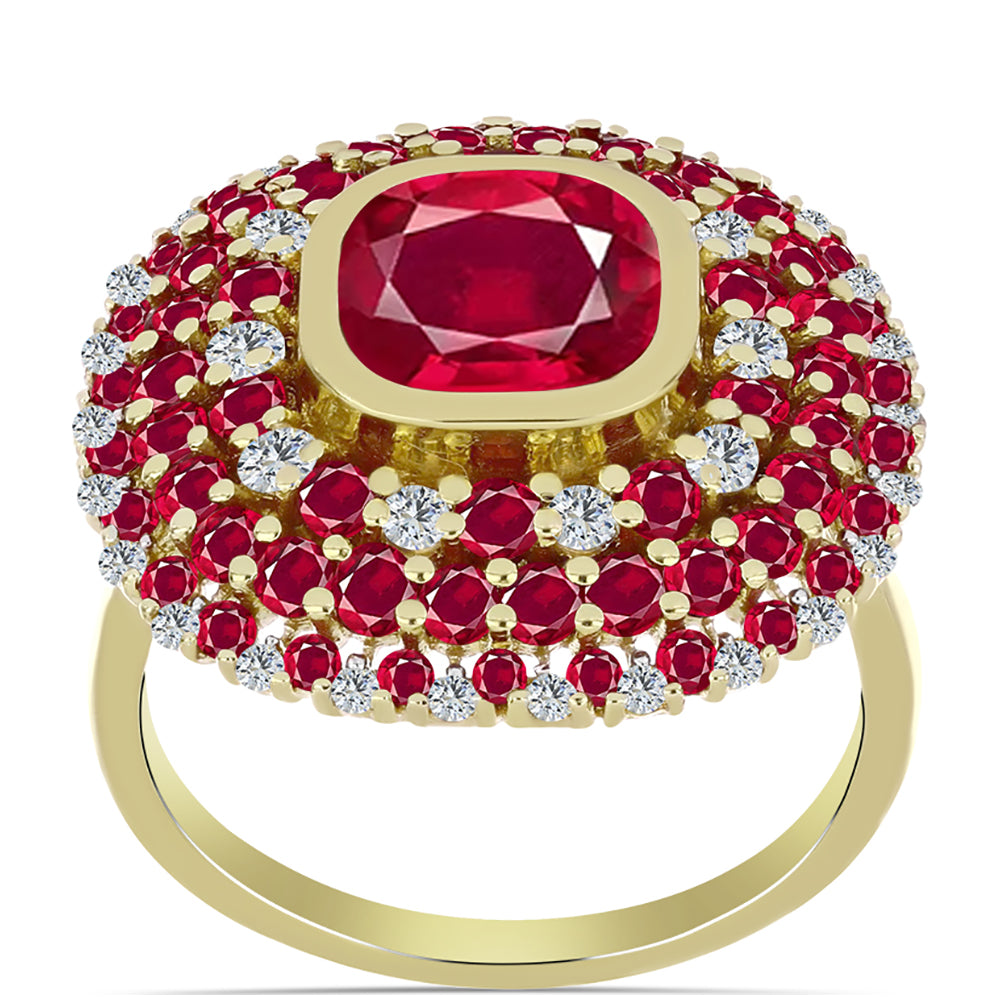 Anillo de Plata Bañada en Oro con Rubí de Madagascar y Topacio Blanco 3 