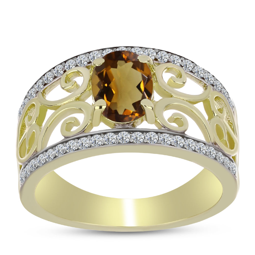 Anillo de Plata Bañada en Oro con Cuarzo Coñac y Topacio Blanco