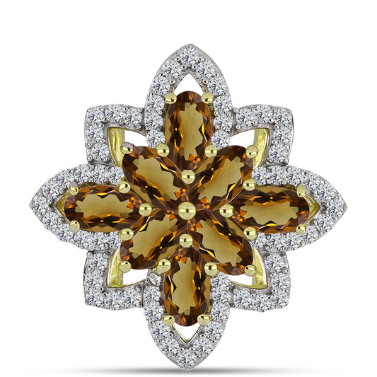 Anillo de Plata Bañada en Oro con Cuarzo Coñac y Topacio Blanco