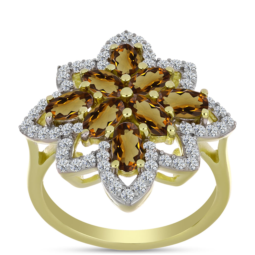 Anillo de Plata Bañada en Oro con Cuarzo Coñac y Topacio Blanco 3 