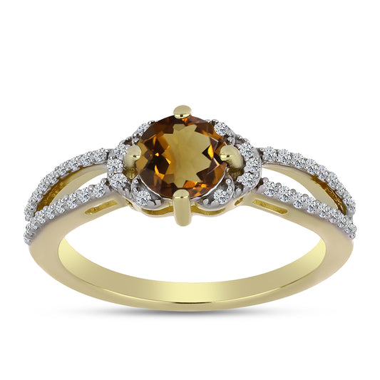 Anillo de Plata Bañada en Oro con Cuarzo Coñac y Topacio Blanco