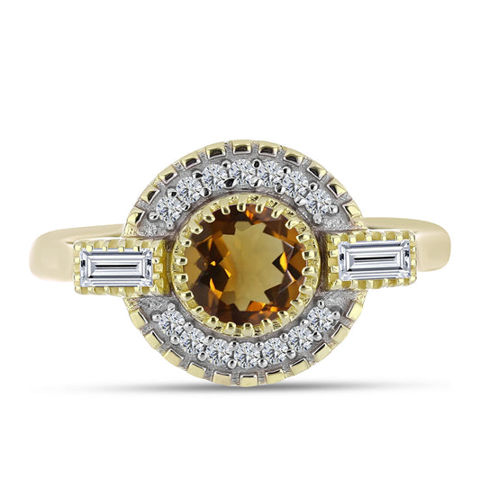 Anillo de Plata Bañada en Oro con Cuarzo Coñac y Topacio Blanco