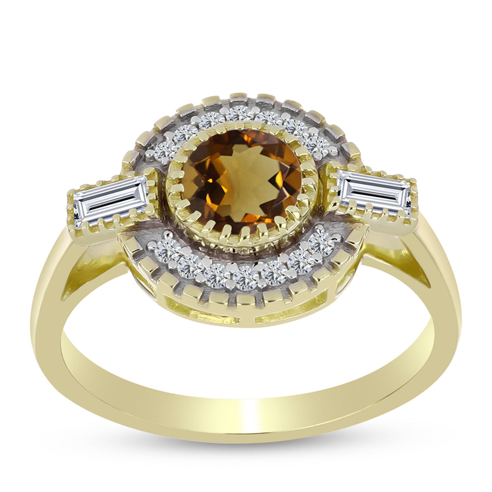 Anillo de Plata Bañada en Oro con Cuarzo Coñac y Topacio Blanco 3 