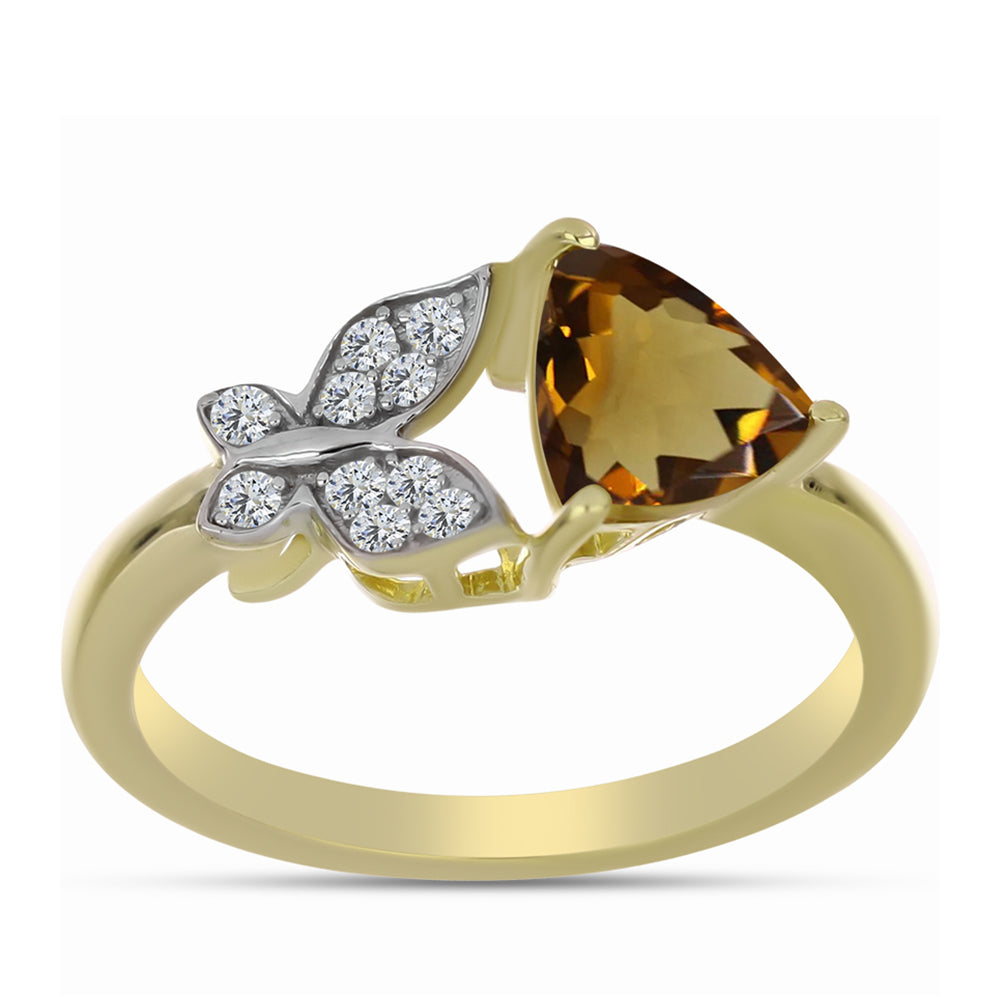 Anillo de Plata Bañada en Oro con Cuarzo Coñac y Topacio Blanco 3 