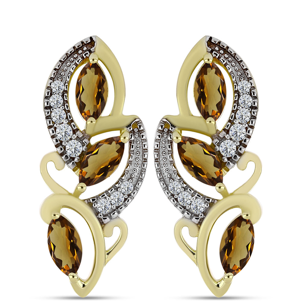 Pendientes de Plata Bañada en Oro con Cuarzo Coñac y Topacio Blanco 1 