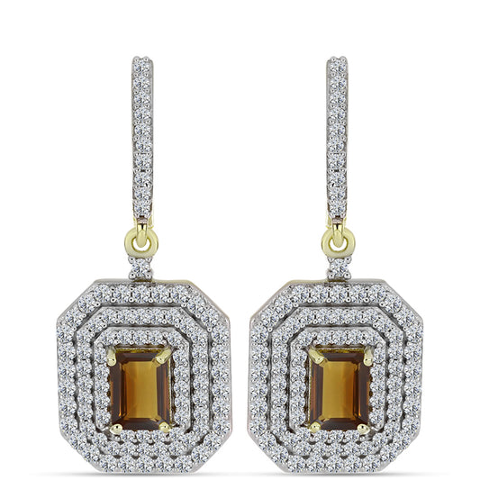 Pendientes de Plata Bañada en Oro con Cuarzo Coñac y Topacio Blanco