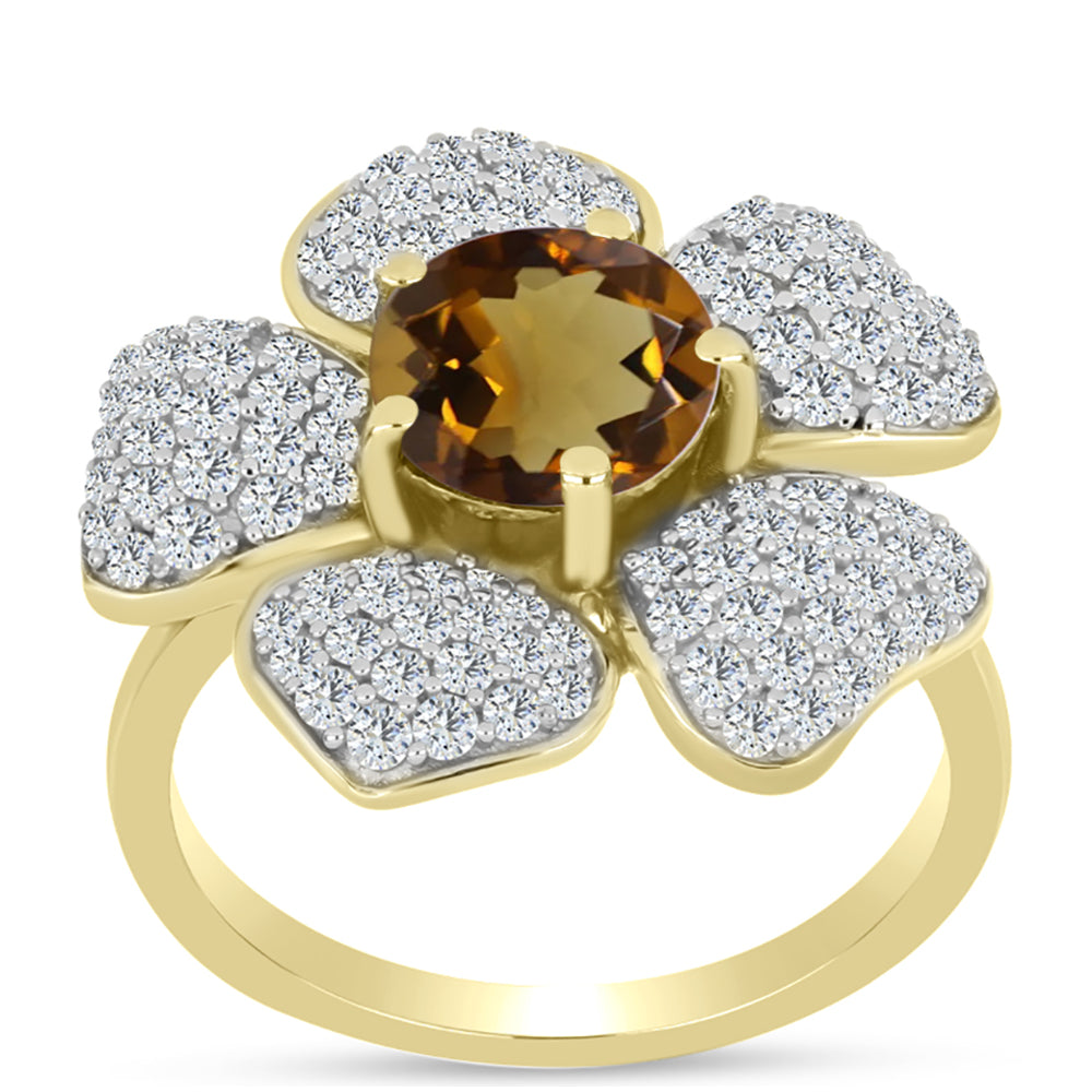 Anillo de Plata Bañada en Oro con Cuarzo Coñac y Topacio Blanco