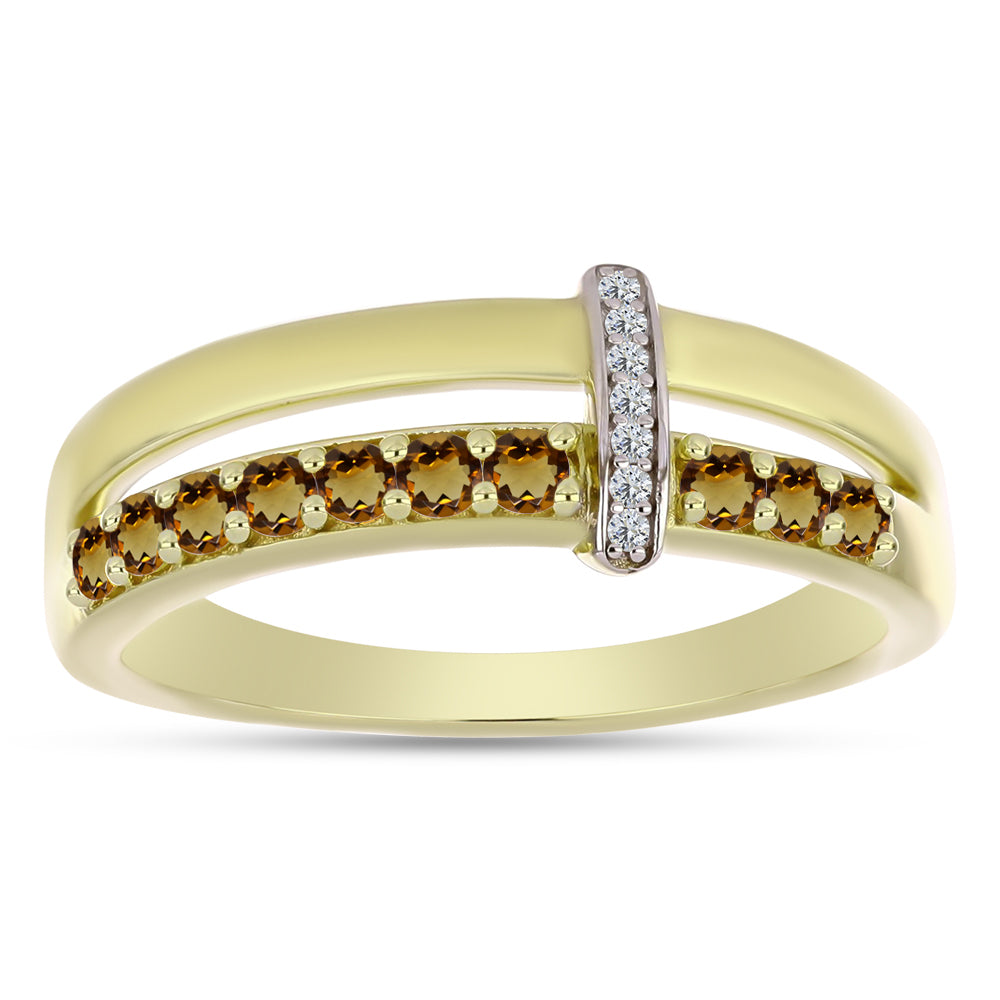 Anillo de Plata Bañada en Oro con Cuarzo Coñac y Topacio Blanco