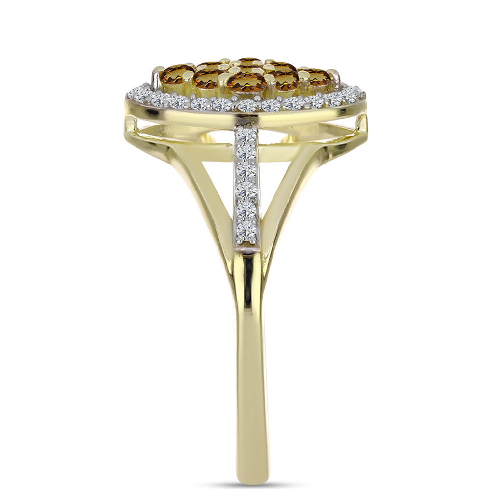 Anillo de Plata Bañada en Oro con Cuarzo Coñac y Topacio Blanco