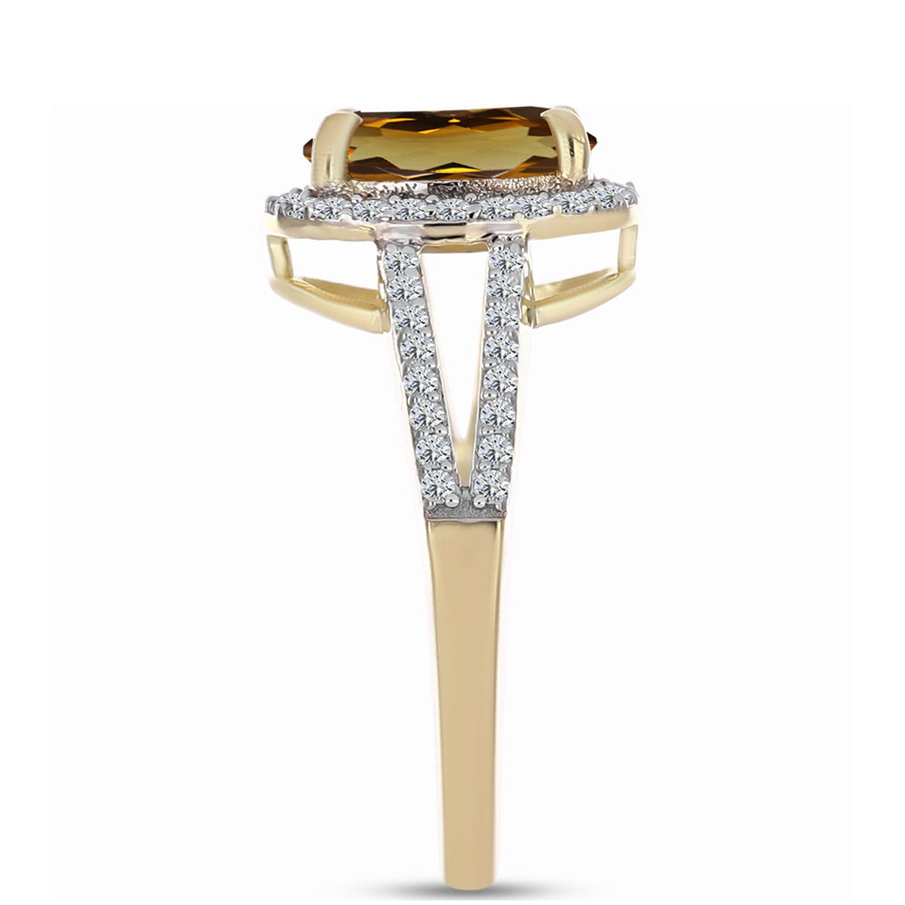 Anillo de Plata Bañada en Oro con Cuarzo Coñac y Topacio Blanco