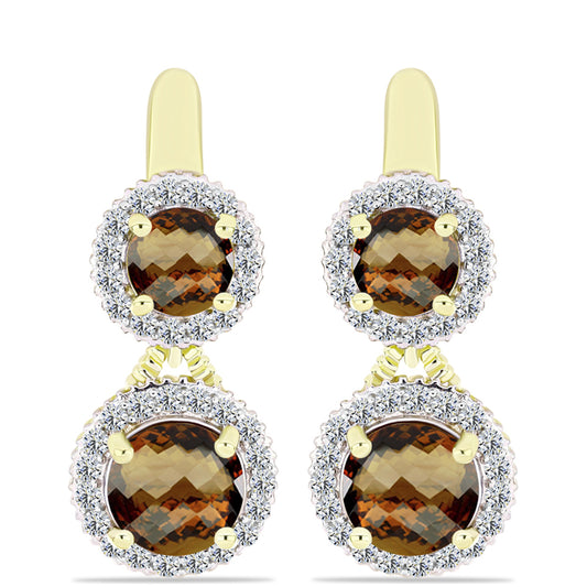 Pendientes de Plata Bañada en Oro con Cuarzo Coñac y Topacio Blanco