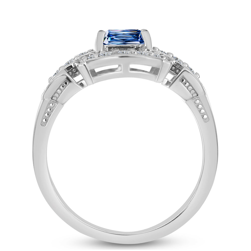 Anillo de Plata con Moisanita azul océano y Topacio Blanco