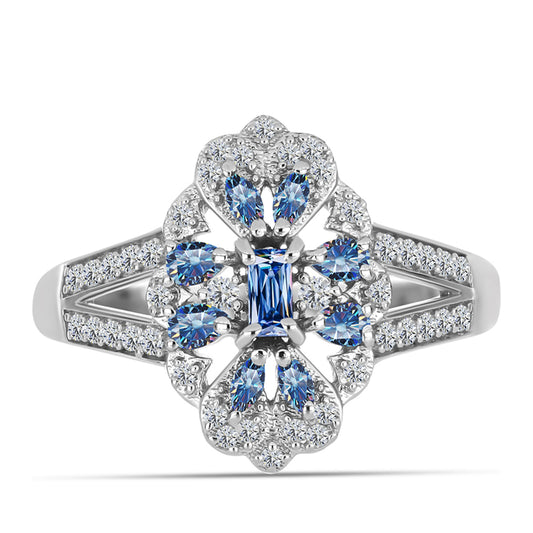Anillo de Plata con Moisanita azul océano y Topacio Blanco