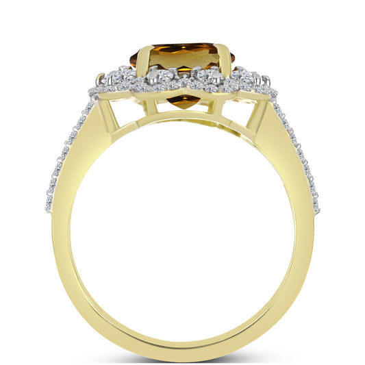 Anillo de Plata Bañada en Oro con Cuarzo Coñac y Topacio Blanco