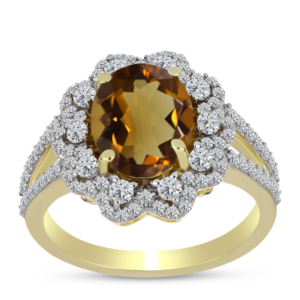 Anillo de Plata Bañada en Oro con Cuarzo Coñac y Topacio Blanco