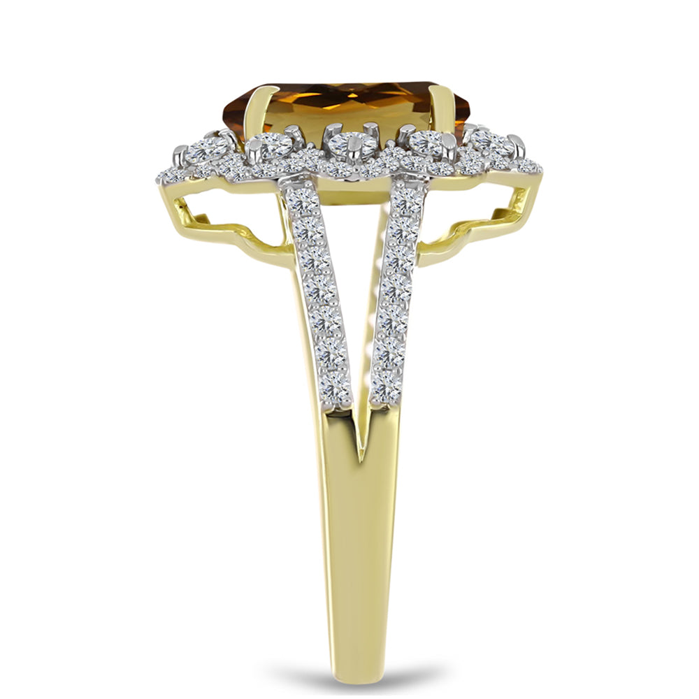 Anillo de Plata Bañada en Oro con Cuarzo Coñac y Topacio Blanco