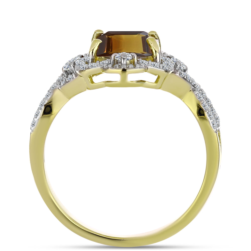 Anillo de Plata Bañada en Oro con Cuarzo Coñac y Topacio Blanco 2 