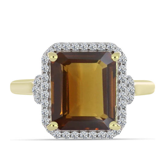 Anillo de Plata Bañada en Oro con Cuarzo Coñac y Topacio Blanco