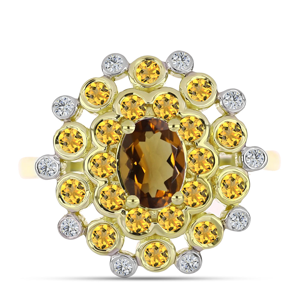 Anillo de Plata Bañada en Oro con Cuarzo Coñac y Topacio Blanco 1 