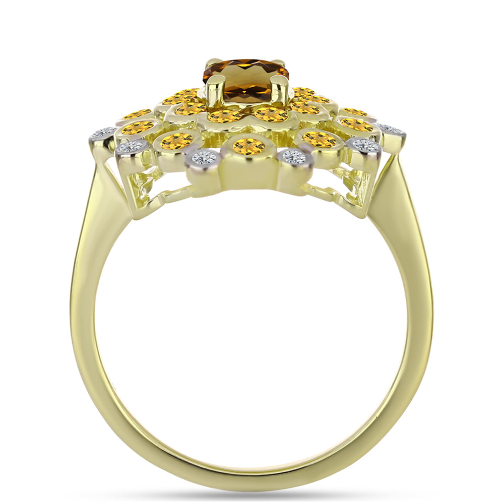 Anillo de Plata Bañada en Oro con Cuarzo Coñac y Topacio Blanco 2 