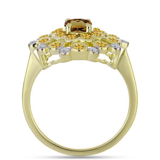 Anillo de Plata Bañada en Oro con Cuarzo Coñac y Topacio Blanco