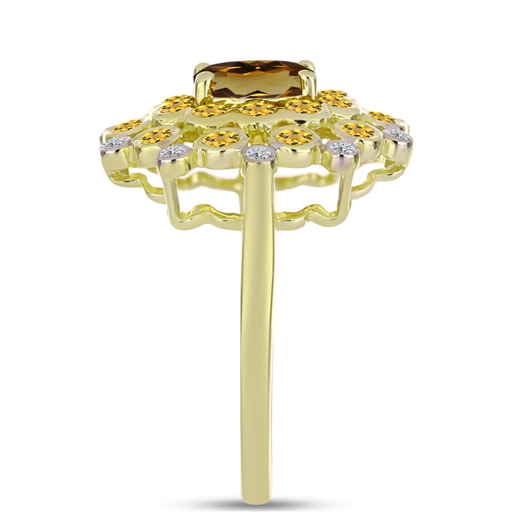 Anillo de Plata Bañada en Oro con Cuarzo Coñac y Topacio Blanco