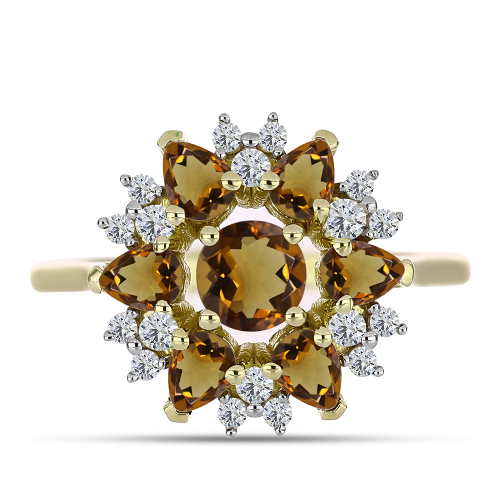 Anillo de Plata Bañada en Oro con Cuarzo Coñac y Topacio Blanco