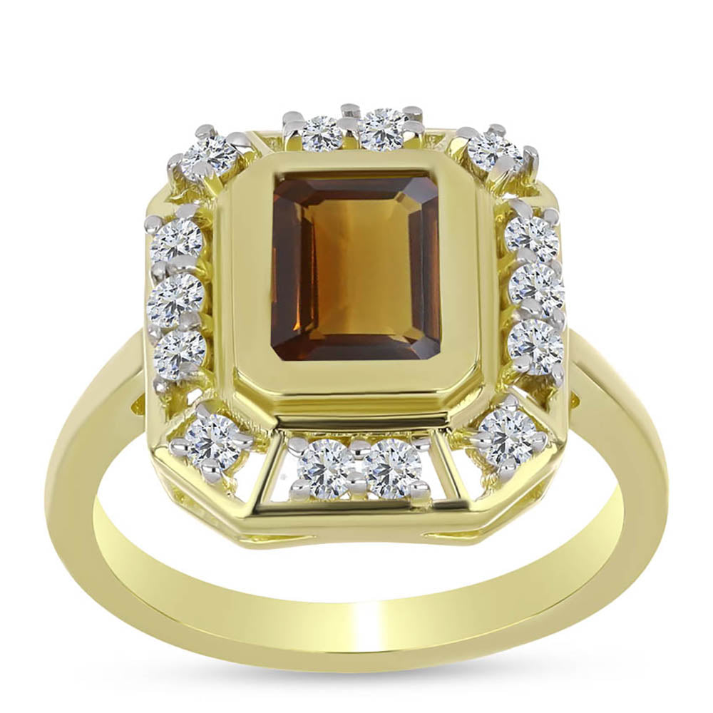 Anillo de Plata Bañada en Oro con Cuarzo Coñac y Topacio Blanco