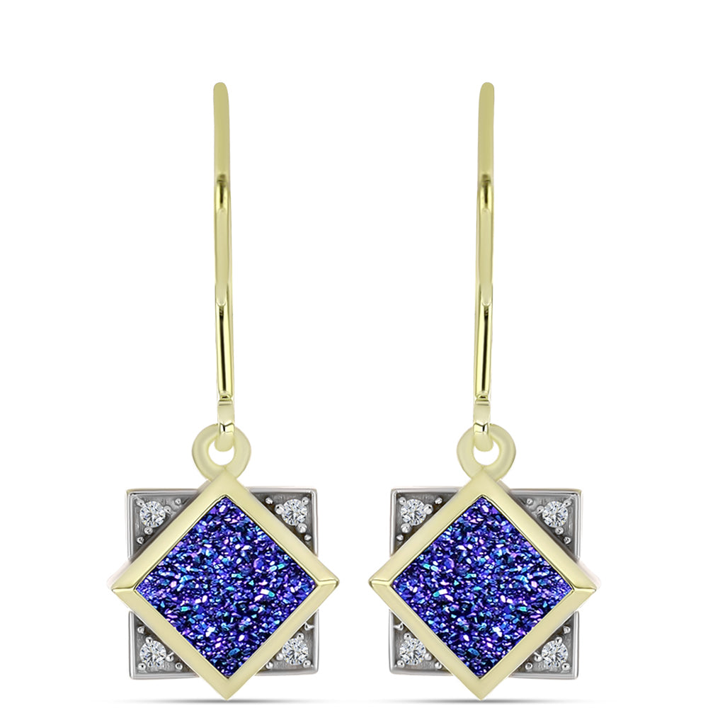 Pendientes de Plata Bañada en Oro con Drusa Purpura y Topacio Blanco 1 