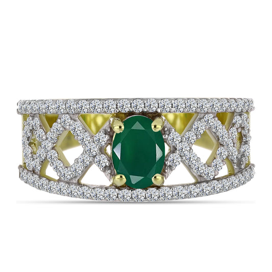 Anillo de Plata Bañada en Oro con Ágata Verde y Topacio Blanco
