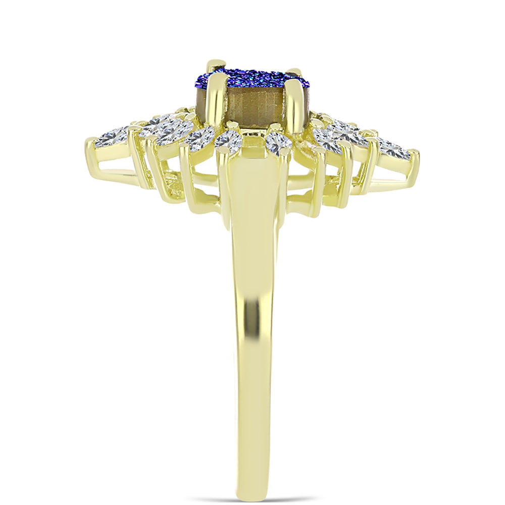 Anillo de Plata Bañada en Oro con Drusa Purpura y Zircón Blanco 4 