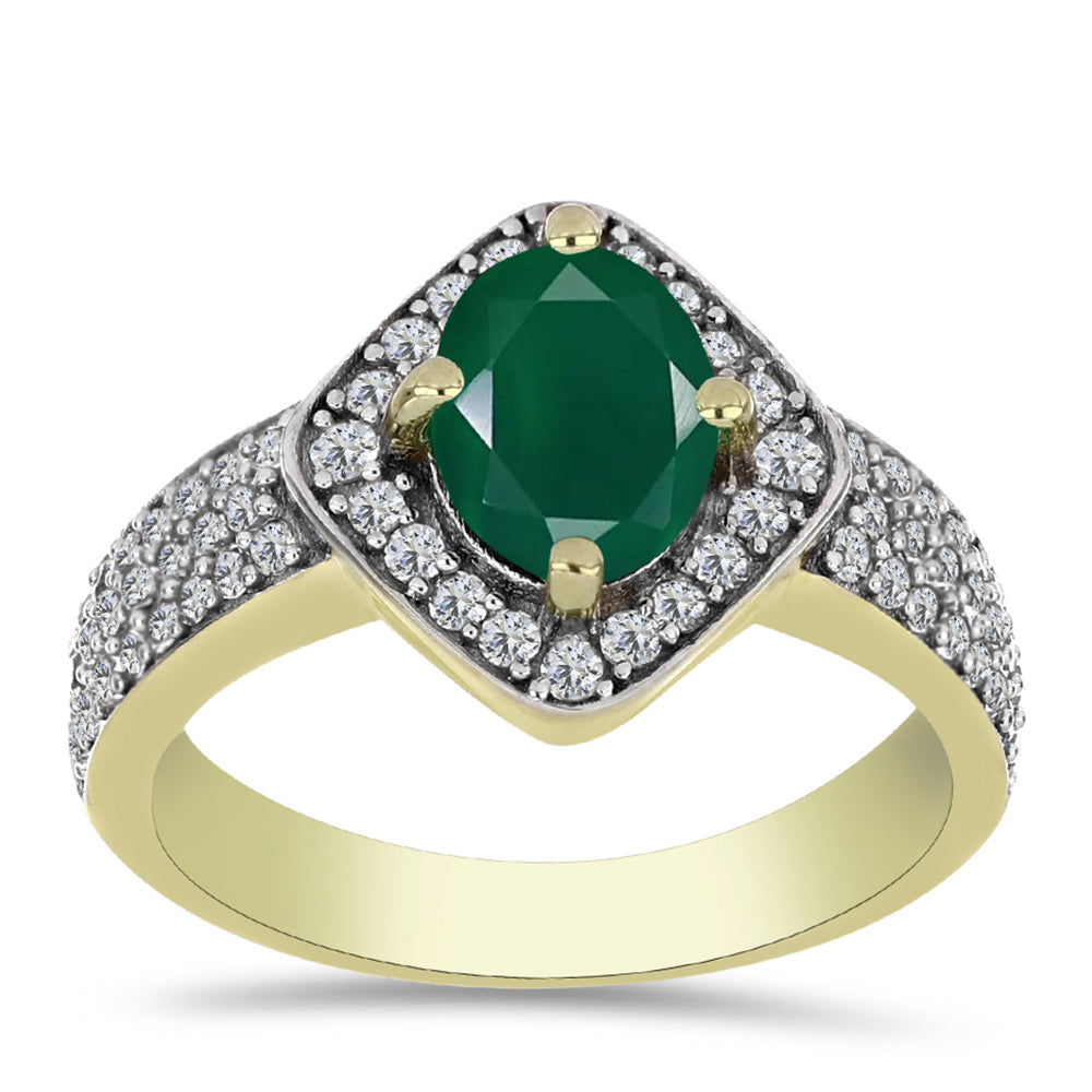 Anillo de Plata Bañada en Oro con Ágata Verde y Topacio Blanco