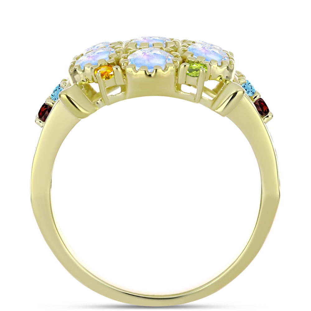 Anillo de Plata Bañada en Oro con Piedra Lunar Arco Iris y Amatista de Marruecos 2 